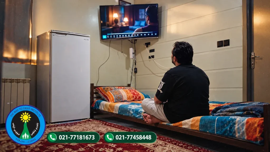 فضای واقعی اتاق اقامت مرکز ترک اعتیاد با تلویزیون و تخت مرتب