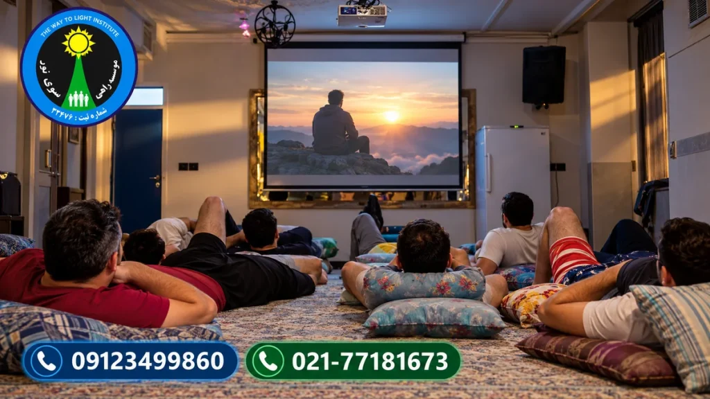 فضای واقعی و سینمایی سالن مشترک مرکز ترک اعتیاد و پرده نمایش