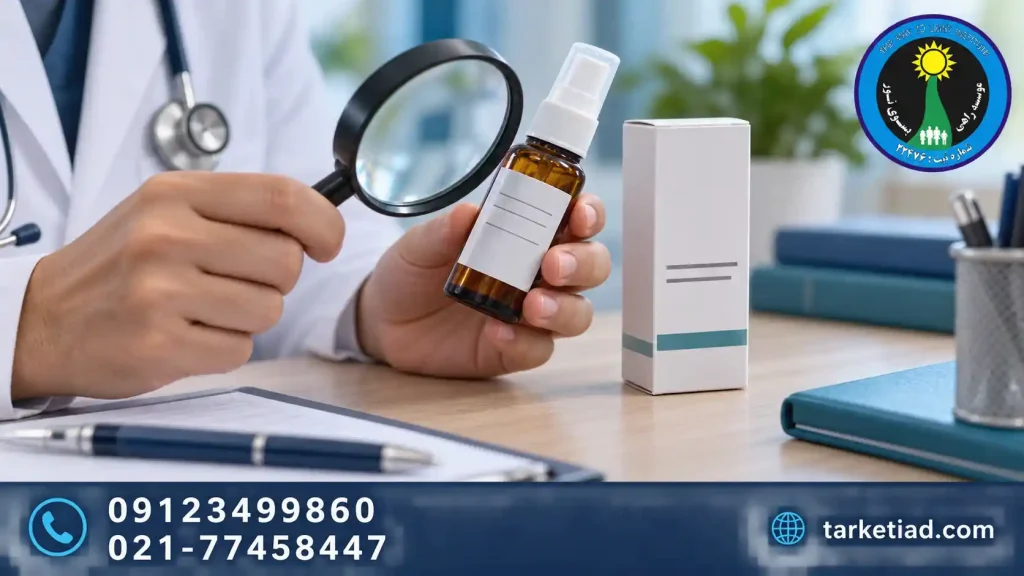 بررسی برچسب یک بطری اسپری توسط فردی با روپوش پزشکی
