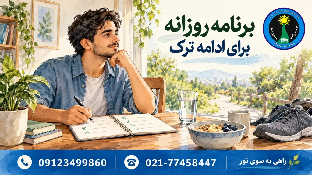 مرد جوان کنار دفتر برنامه روزانه، آب، صبحانه و کفش پیادهروی