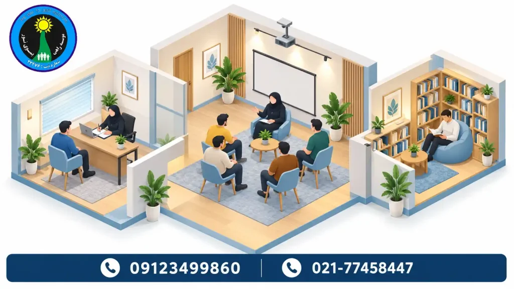 فضای مشاوره فردی، جلسه گروهی و بخش مطالعه در یک مرکز حمایتی